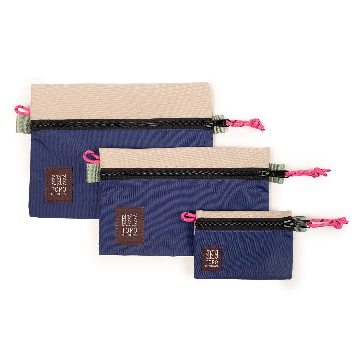 Topo Designs Accessory Bags - product shot of the "Medium", "Small", and "Micro" accessory bags in "Cobblestone / Aura"