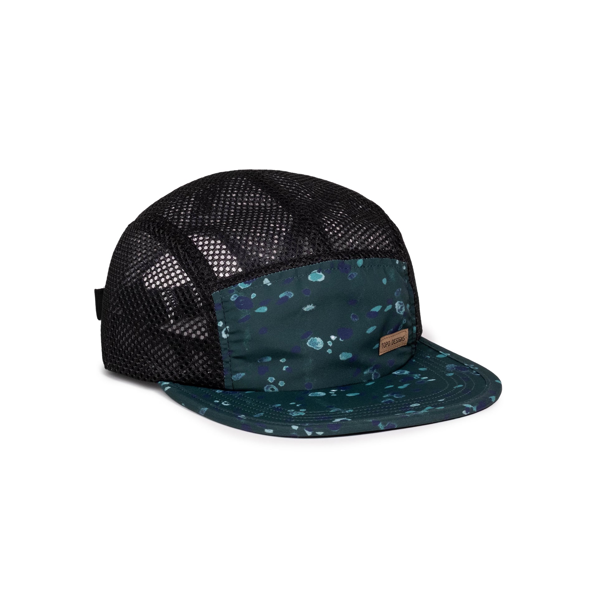 Front quarter white background image of Topo Designs Global Hat in "Pine Riverbed"